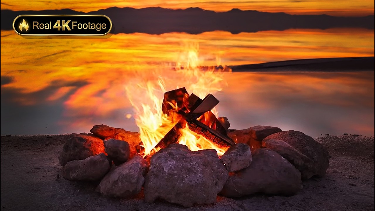 SUNSET CAMPFIRE REFLECTION on the GREAT SALT LAKE - with Crackling Fire Sound, Relaxing 4K Video