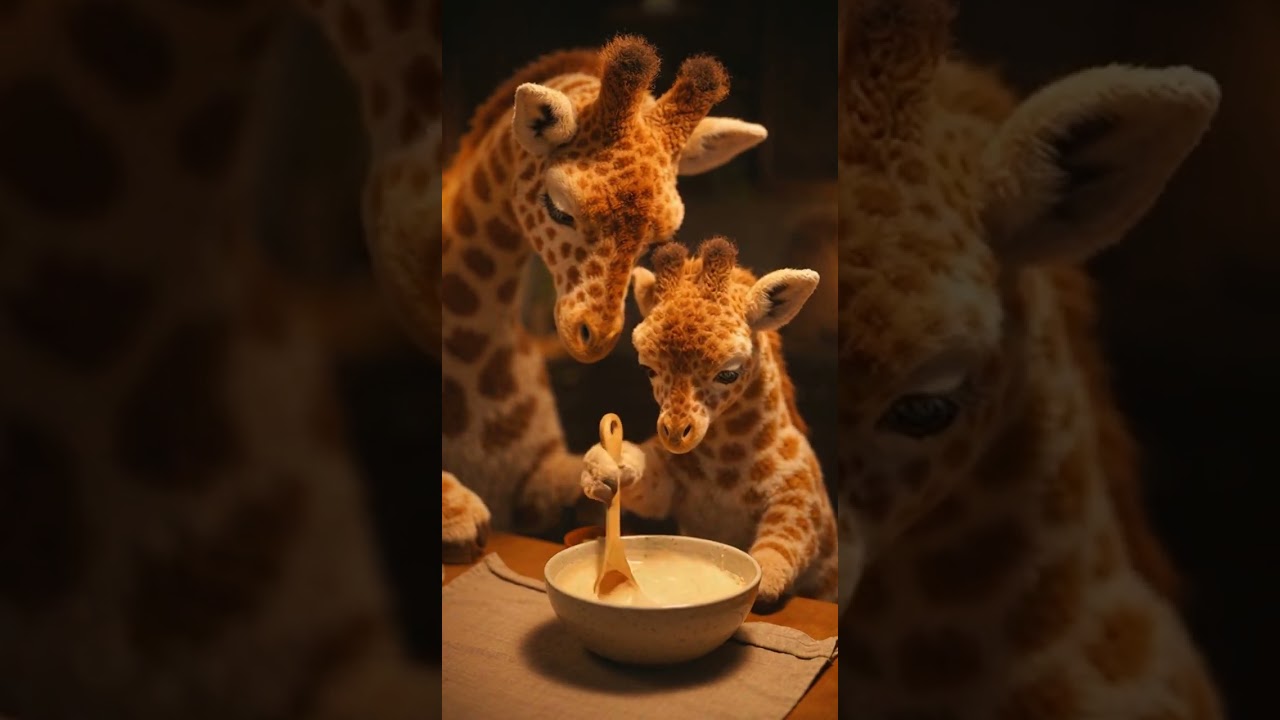 Giraffe mom & baby bake a giraffe cake 🦒🎂💛  