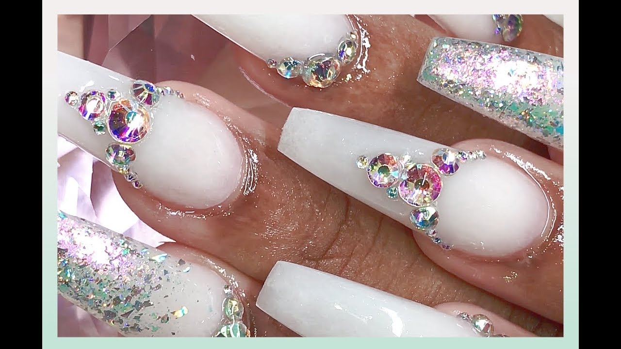 HOW TO: White Blingy Chrome Acrylic Full Set