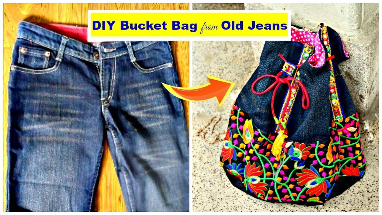 DIY Bucket Bag from Old Jeans | Recycle Old Denims || Pompoms & Tassels