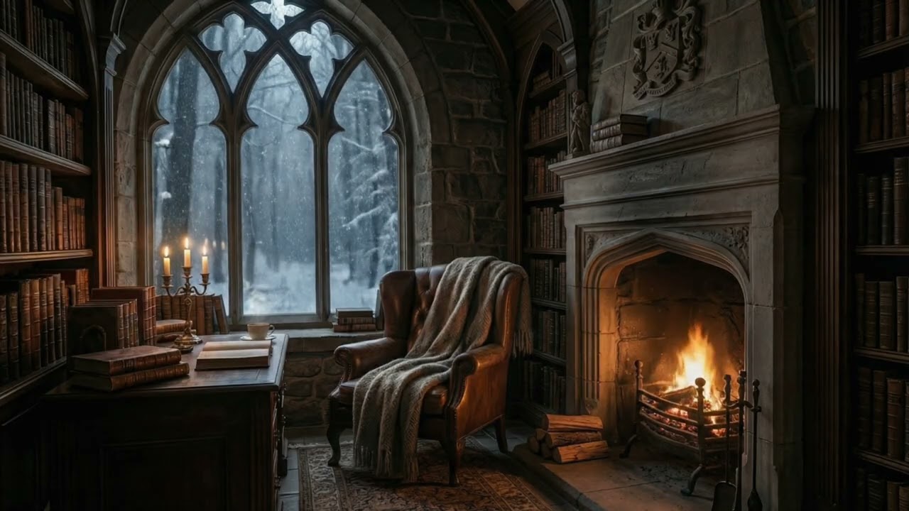 Winter Gothic Library Ambience 🕯️ Dark Academia Snow Night for Reading, Study & Focus