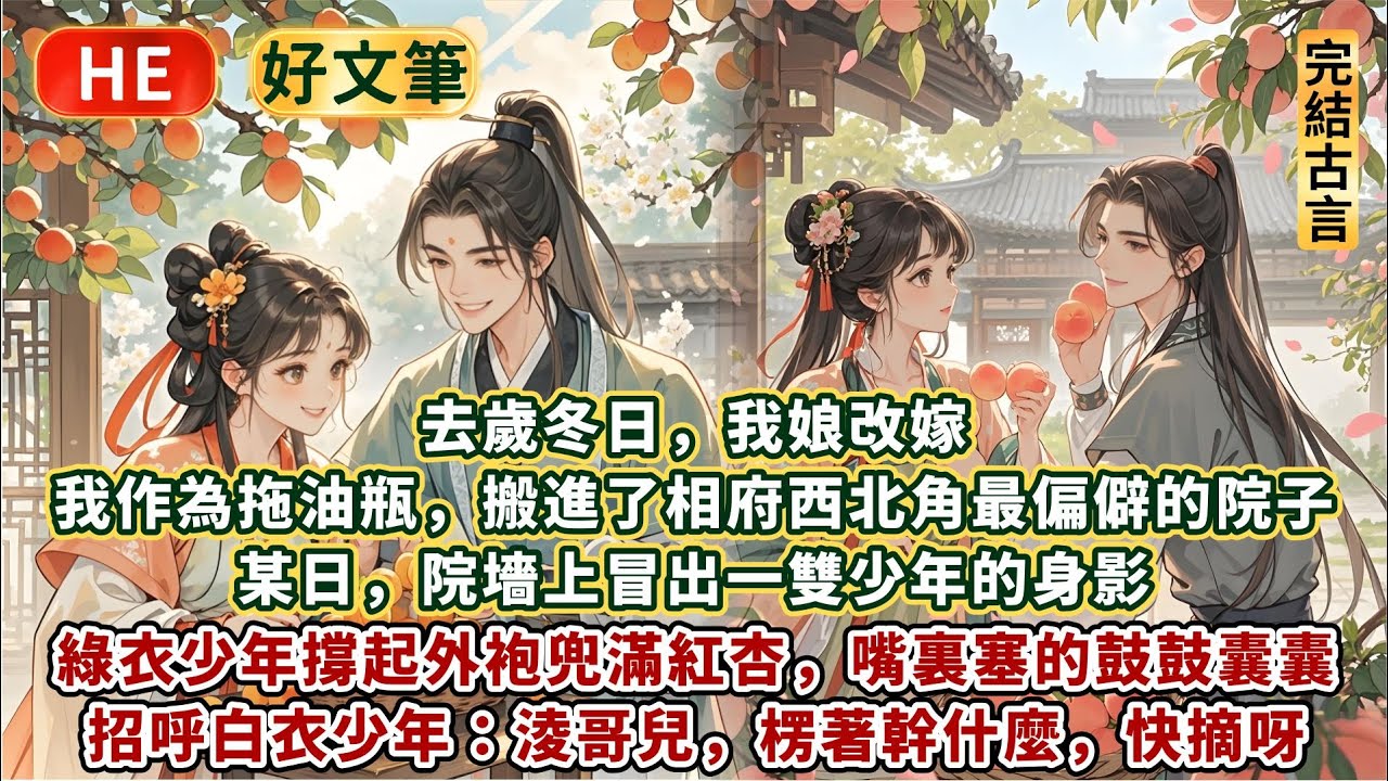 完結甜美溫情文：去歲冬日，我娘改嫁。我作為拖油瓶，搬進了相府西北角最偏僻的院子。某日，院墻上冒出一雙少年的身影。綠衣少年撐起外袍兜滿紅杏，嘴裏塞的鼓鼓囊囊，招呼白衣少年：淩哥兒，楞著幹什麼，快摘呀