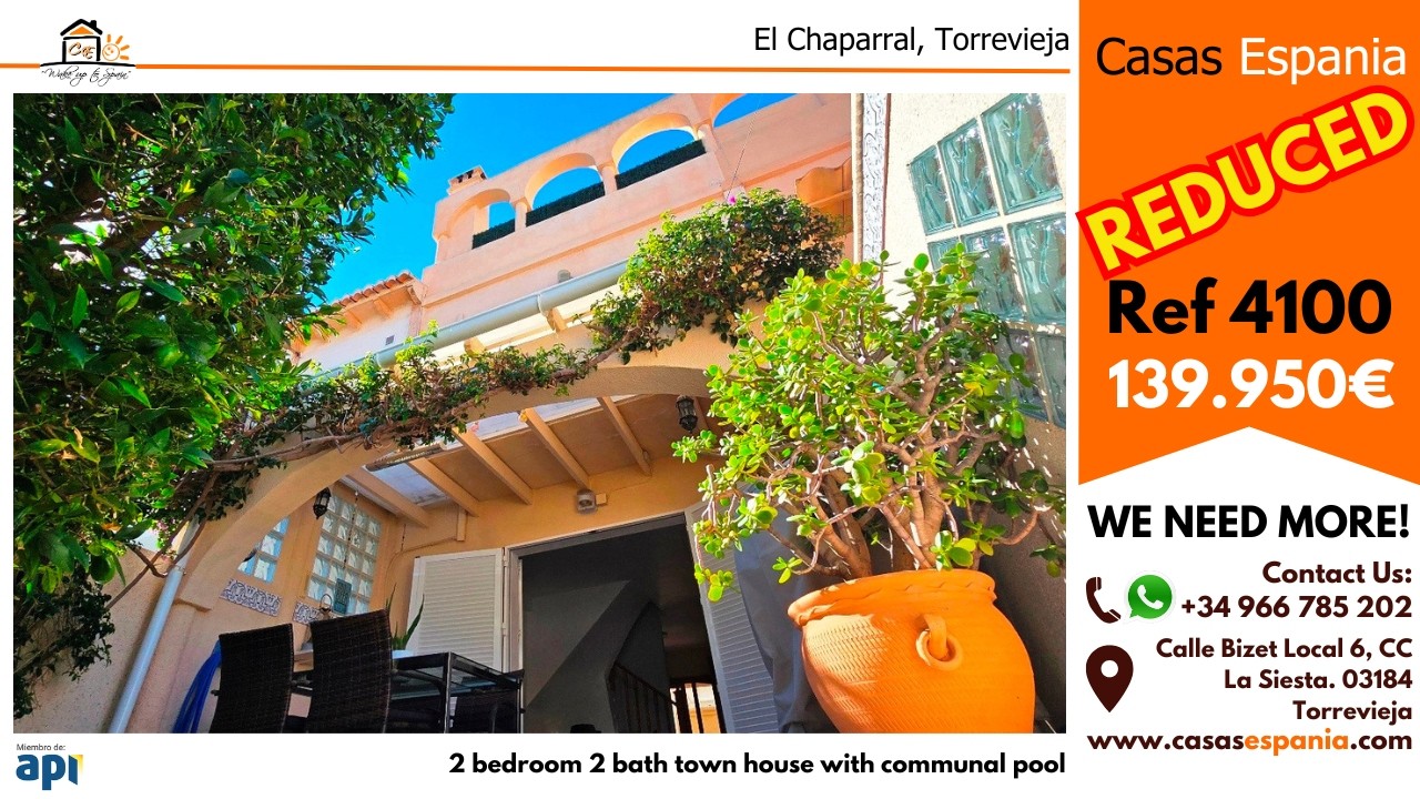 2 bed 2 bath town house for sale in El Chaparral close to amenities Ref. 4100 150,000€
