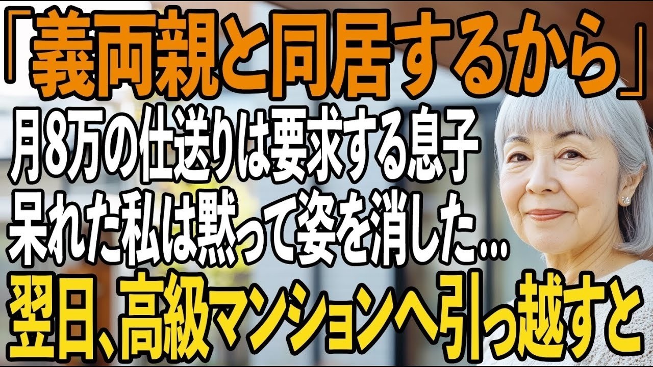 「義両親と暮らすから」月8万も仕送りをしていた私へ一方的に宣告する息子。呆れた私は黙ってすべての援助を停止→翌日、高級マンションへ引っ越すと、半狂乱の息子から鬼電が【シニアライフ】【60代以上の