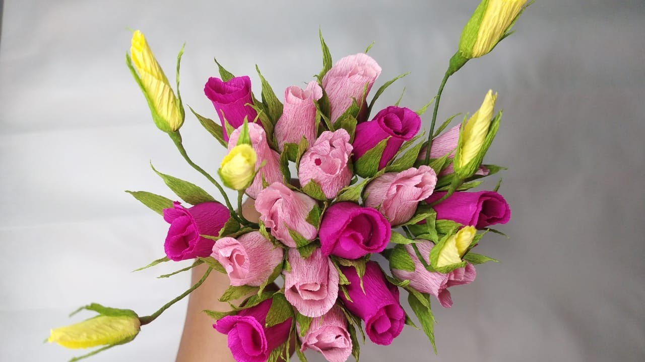 Cara membuat bunga kertas kuncup mawar dari kertas crepe | DIY #bungakertas #papercrepflower