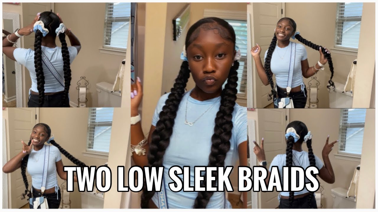 TWO LOW SLEEK BRAIDS || USING BRAIDING HAIR
