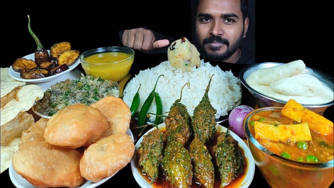 DAL CHAWAL EATING WITH BITTER MELON CURRY, MATAR KACHORI, PANEER MATAR KI SABJI, ALOO BAINGAN BHARTA