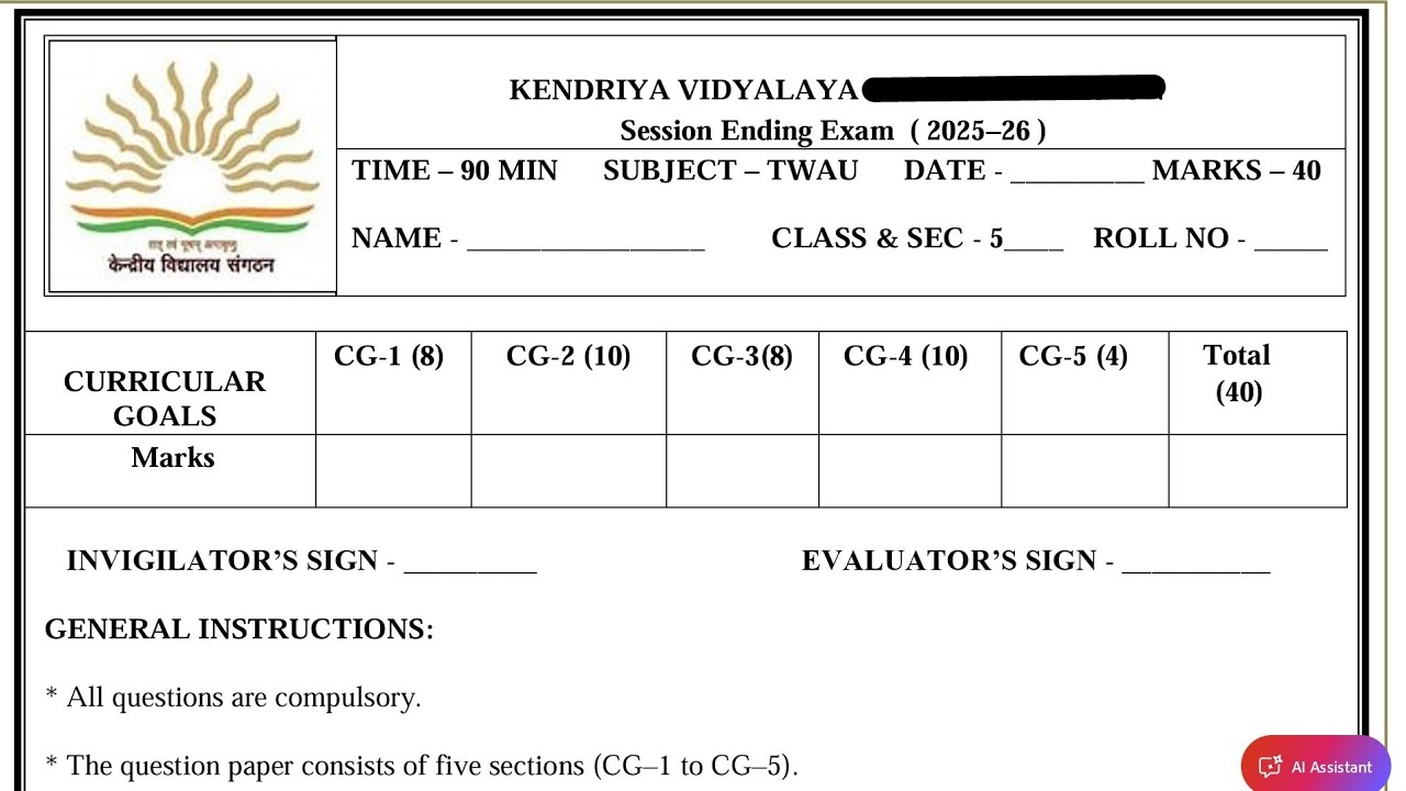 Class-5 TWAU / EVS / Annual Exam 2026 Question Paper Session Ending PM SHRI KV Term2