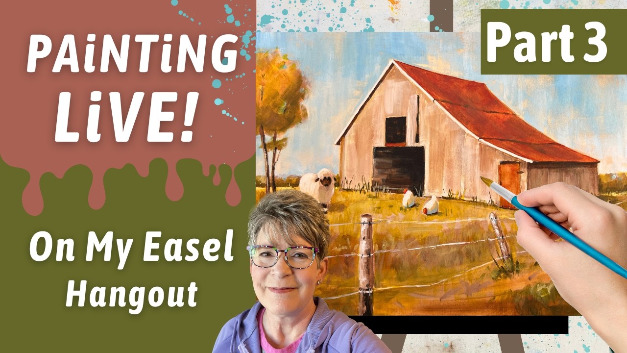 Easy Barnyard acrylic painting, underpainting, hold back some greens, primary palette, w/ Annie Troe