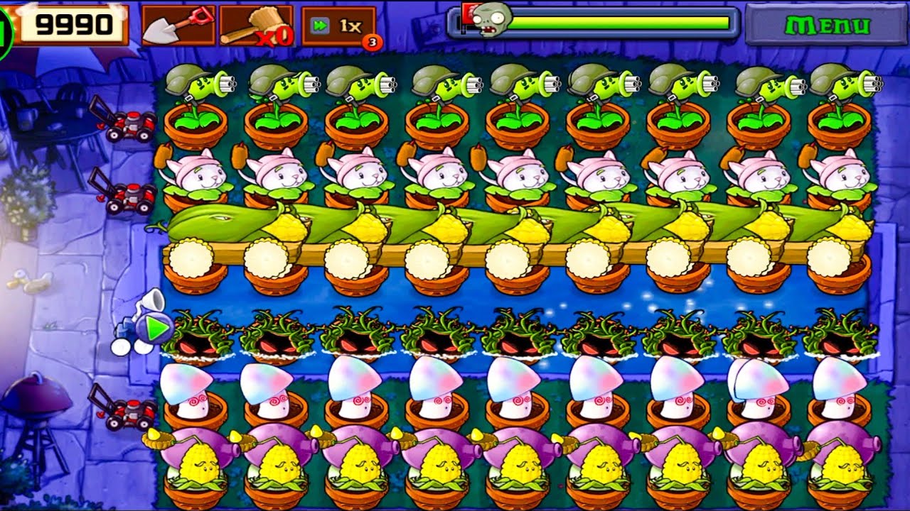 Plants Vs zombies Survival Fog Cob Cannon+Tangle Kelp+Gatling Pea+Cattail+Fume  Vs Zombies Gameplay