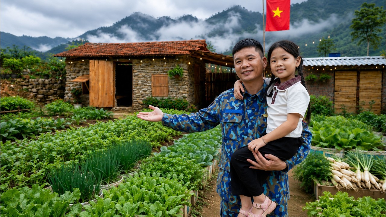 The veteran lives happily with his daughter, building a pigsty and expanding his vegetable garden