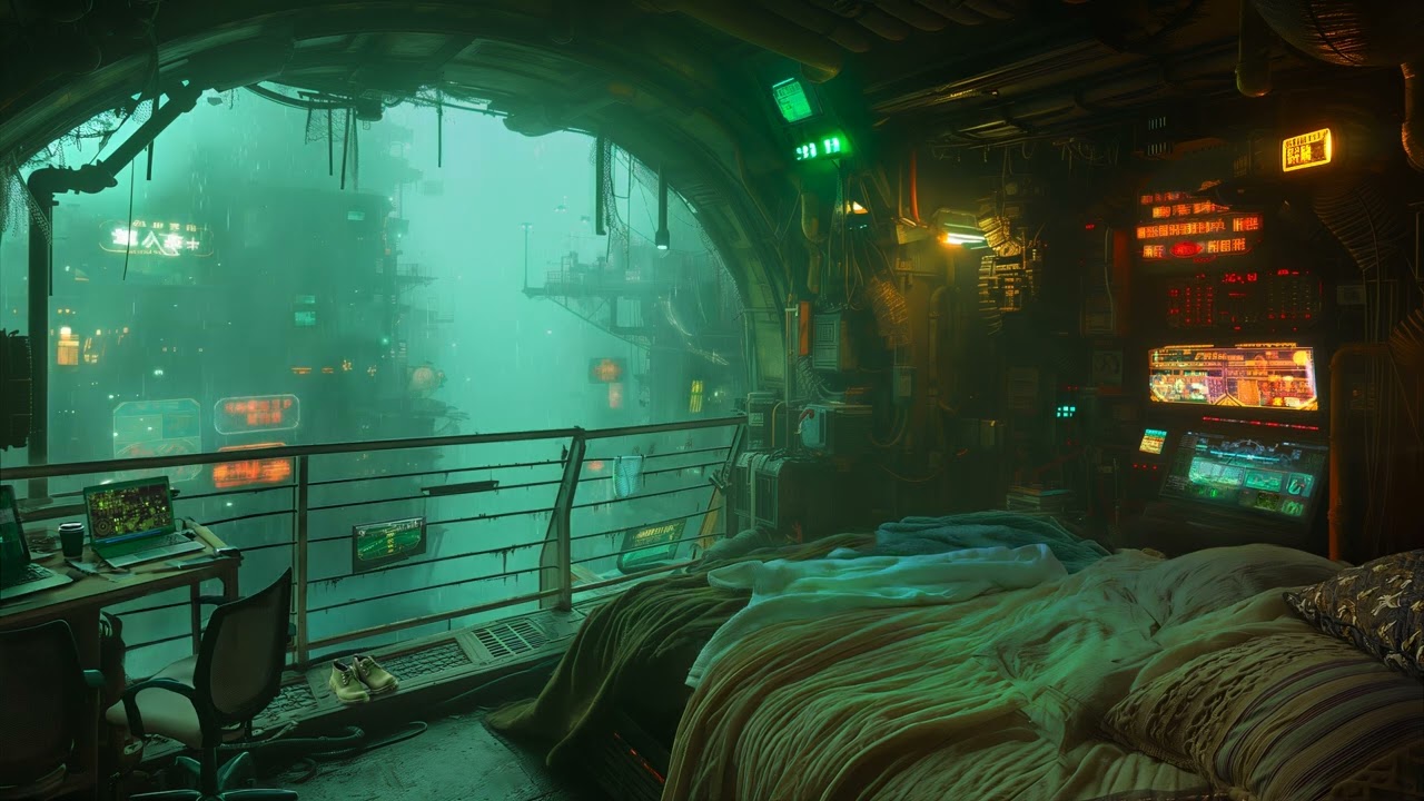 🎵 Cozy Balcony: Rain and Dark Ambient Music | Cyberpunk Bedroom over the City | 4K | 10 hours