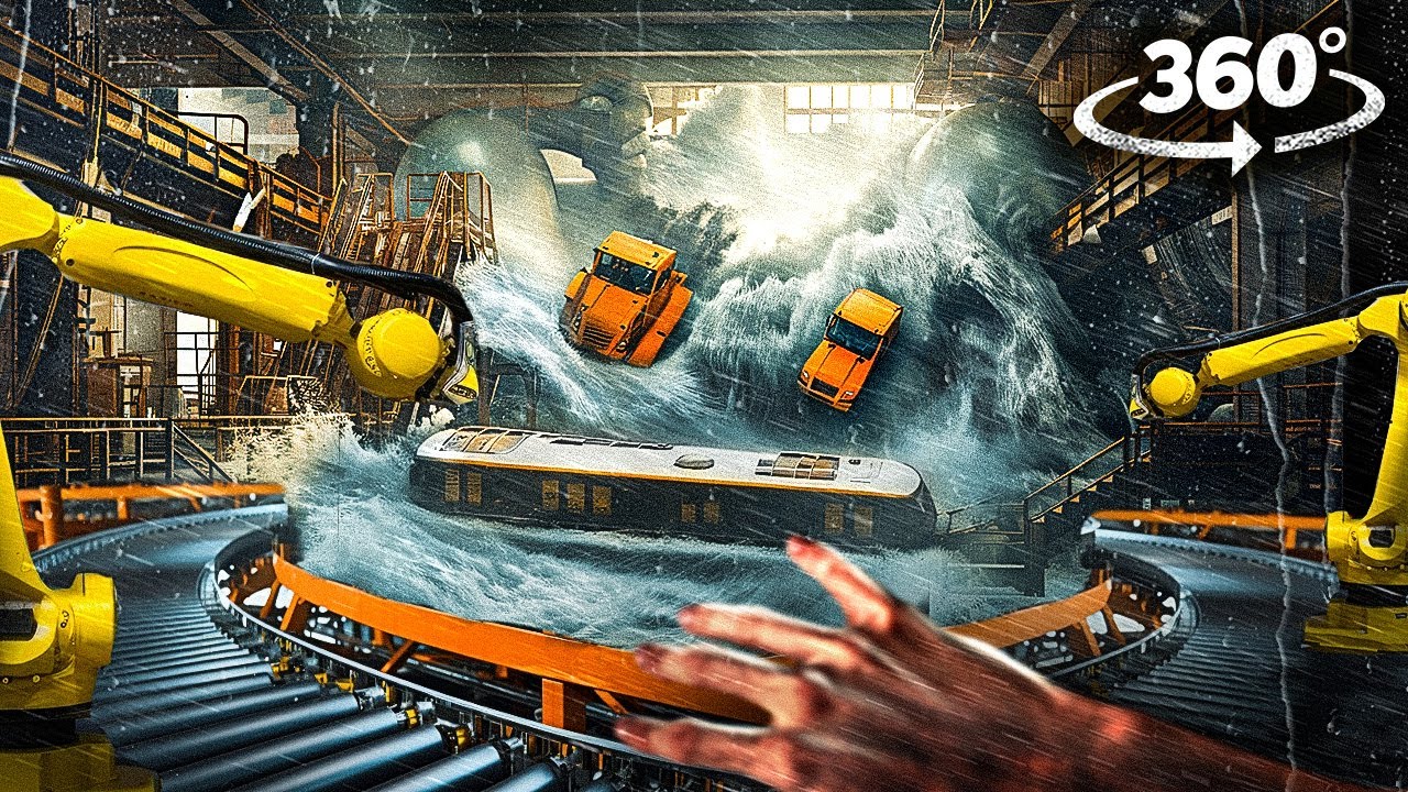 360&deg; FACTORY FLOOD 1 - Survive Tsunami Wave and Robots  VR 360 Video 4k ultra hd