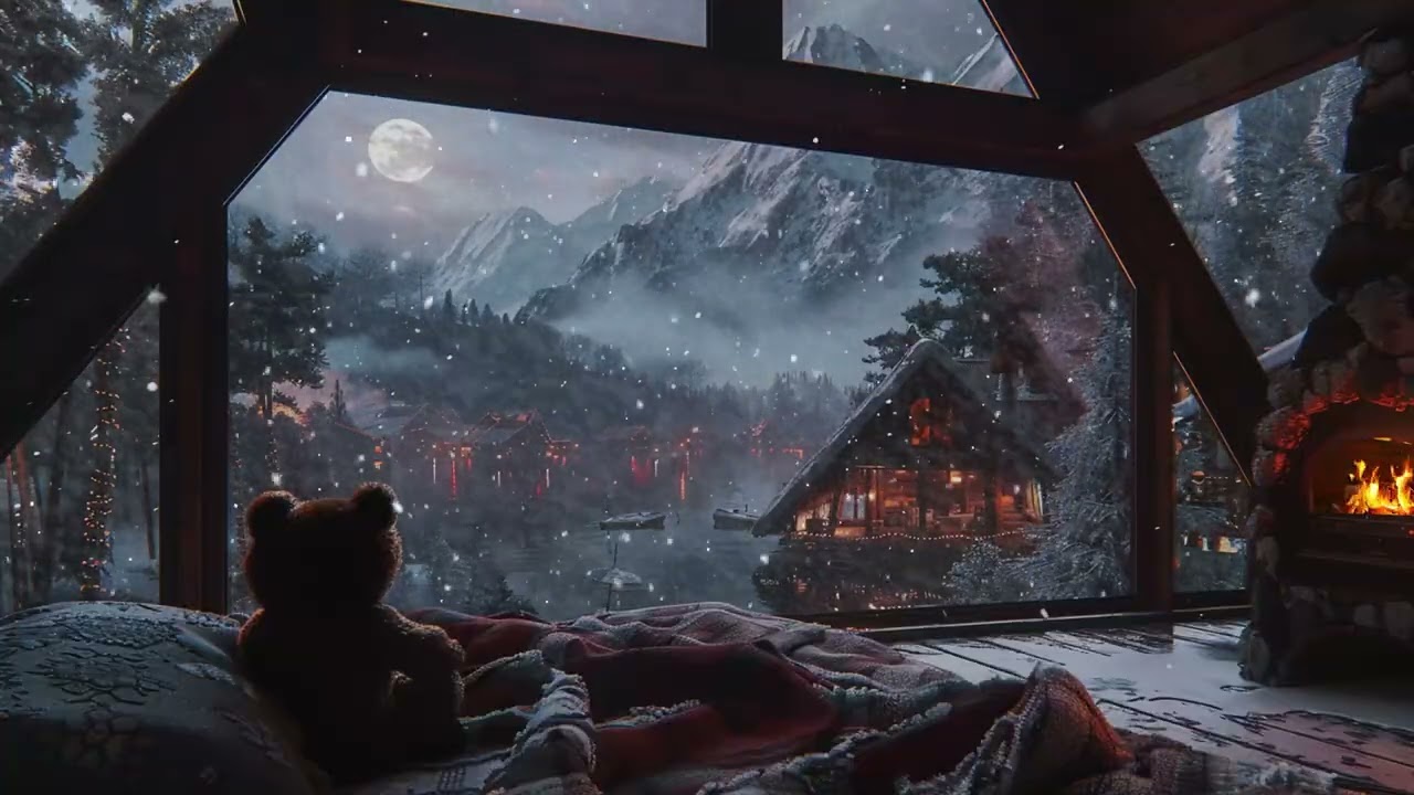 Snowy Night Calm ASMR: Warm Indoor Ambience with Winter Wind and Fireplace Sounds