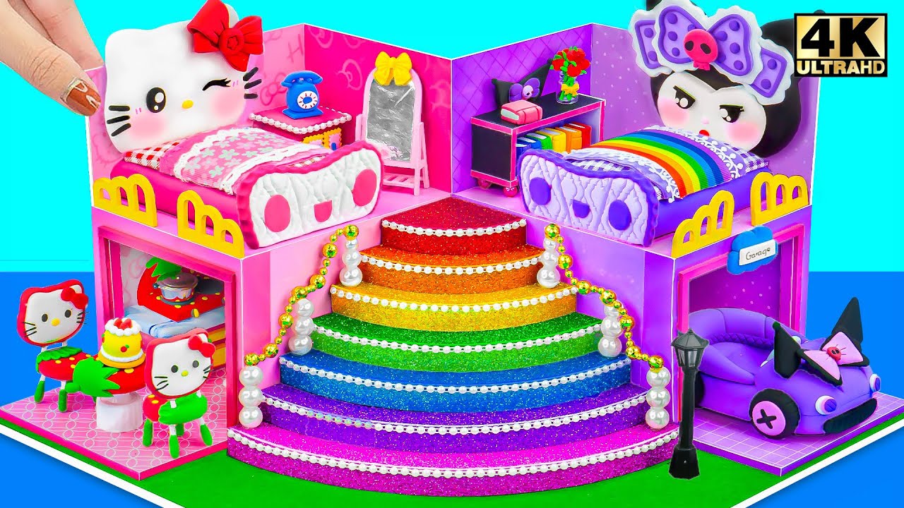 Make Hello Kitty House with Cute Purple Kuromi Bedroom, Big Rainbow Stairs ❤️ DIY Miniature House