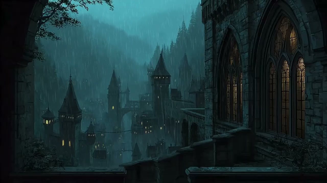 Deep Sleep with Rain and Thunder inside Room with Medieval Castle Window