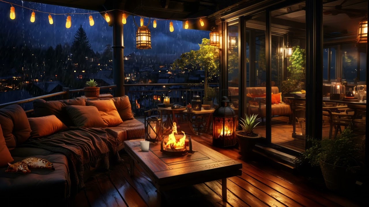 Cozy Village Balcony with Distant Thunder, Rain and Fire Pit - Relaxing Ambience + White Noise Rain
