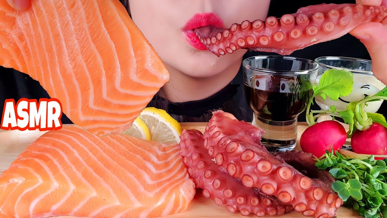 Лосось сашими & Осьминог ASMR Едят звуки Сырые морепродукты принимать пищу Мок-Бэнг
