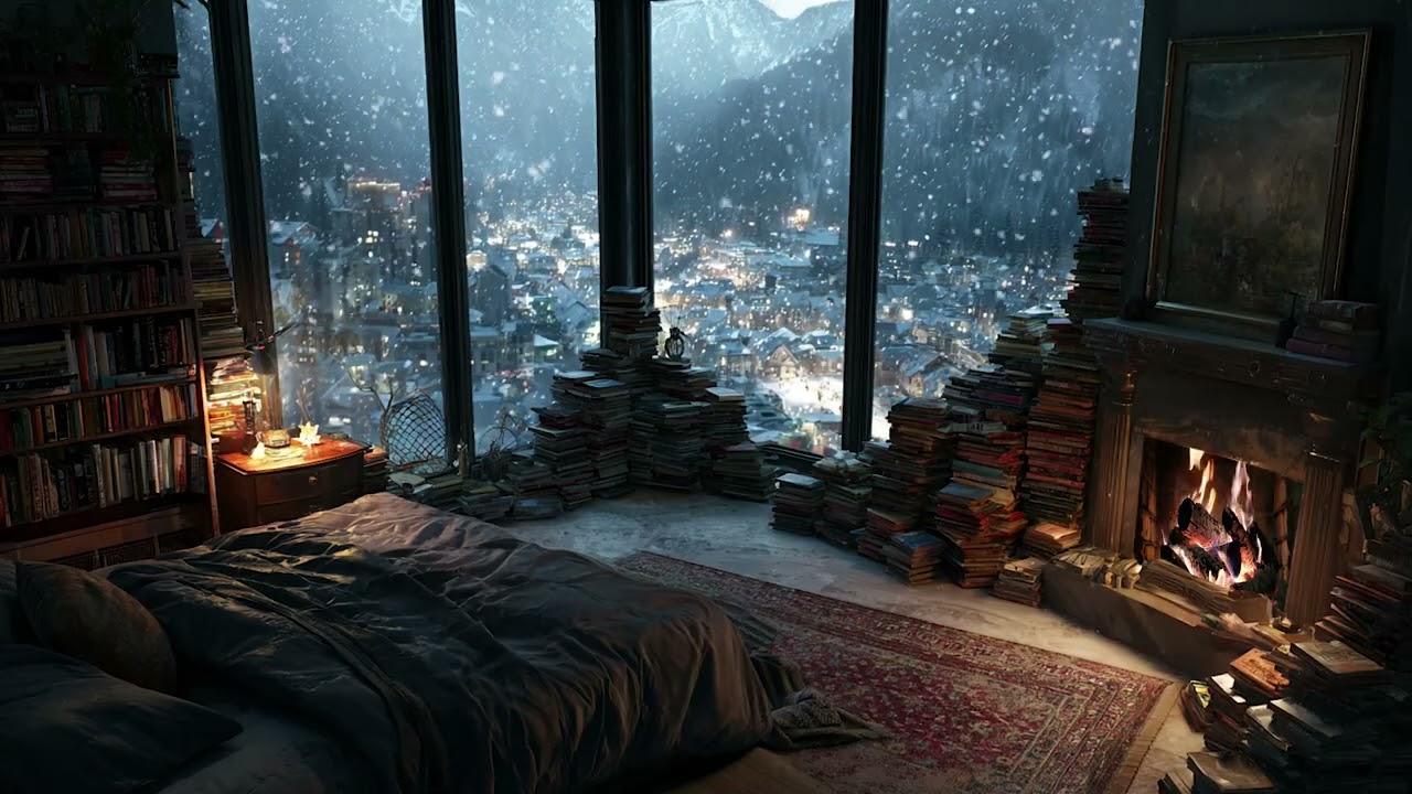Silent Snow Cabin Night | Cozy Fireplace Glow and Light Snow for Total Relaxation