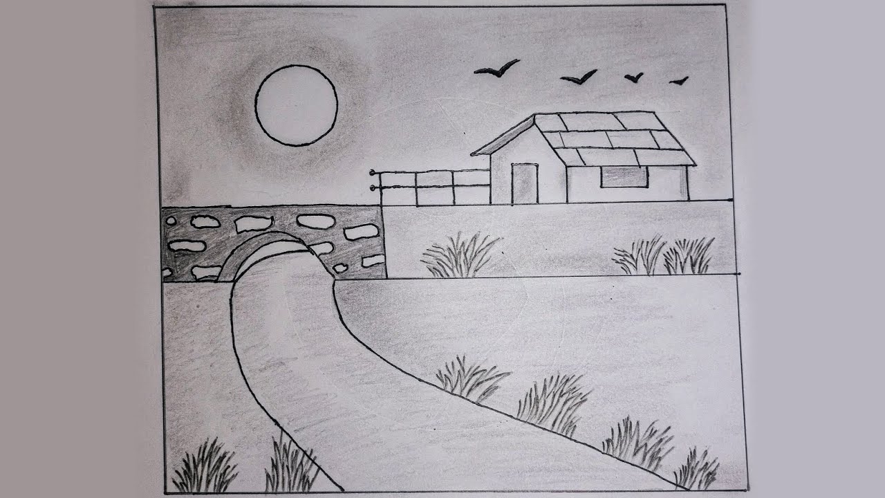Beautiful Village Scenery Pencil Drawing | Easy Landscape Drawing for Beginners#drawing