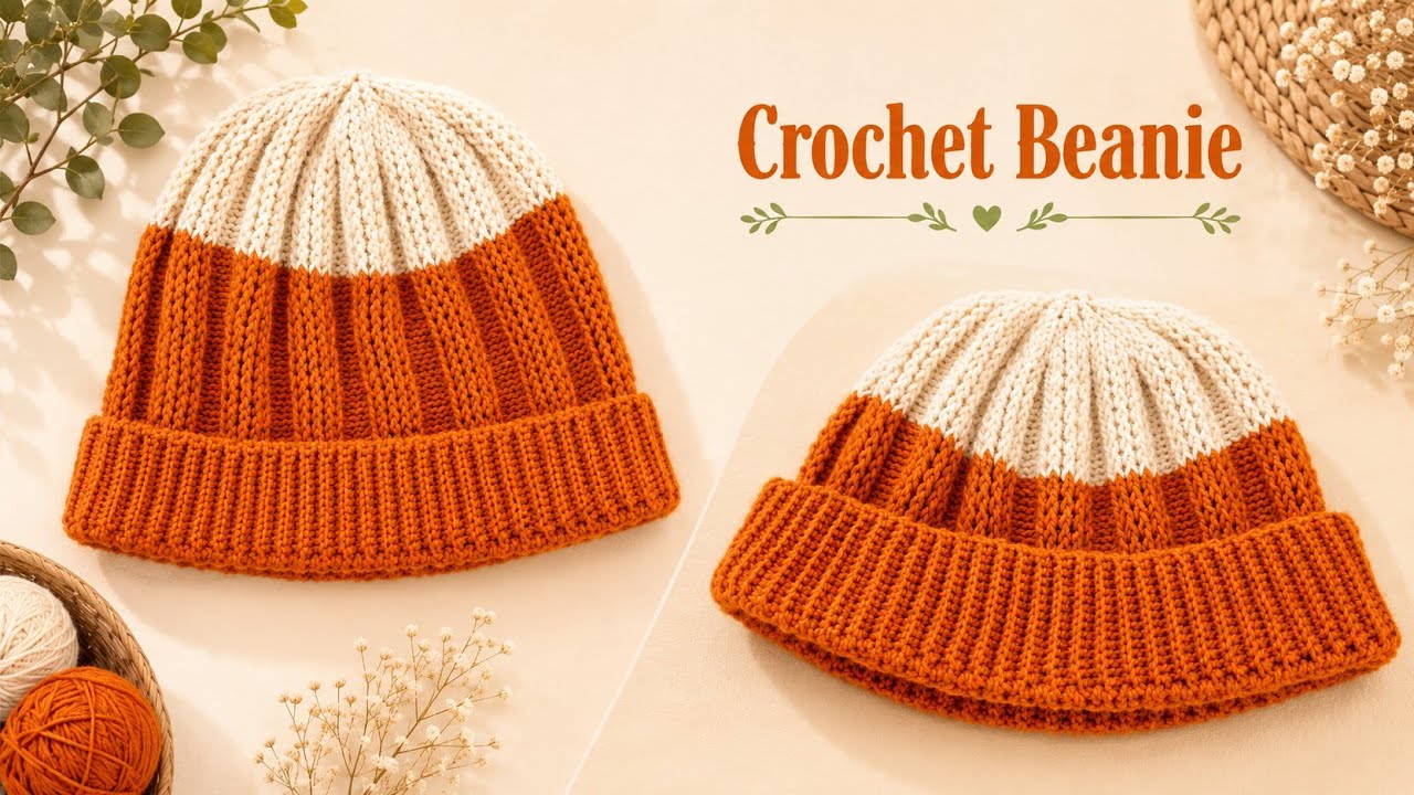 How to Crochet a Two-Color Ribbed Beanie 🧶 | Step-by-Step Easy Crochet Beanie