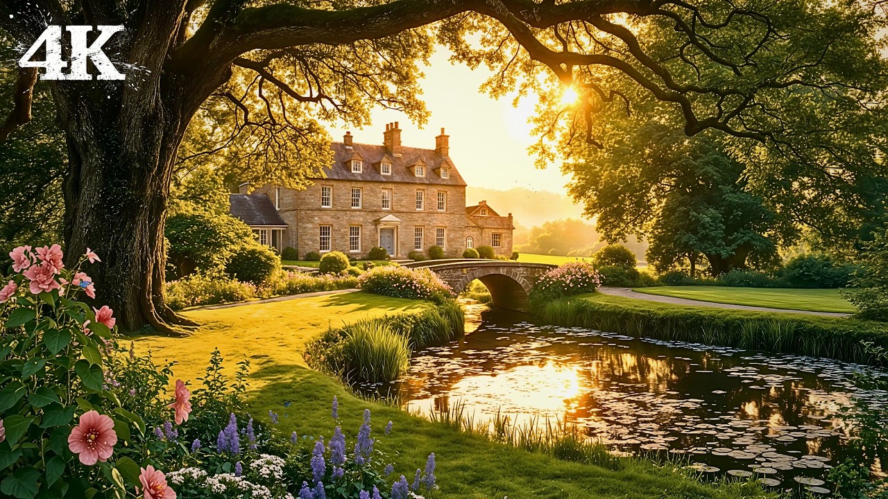 Enchanted Countryside Manor Garden | Stop Time Entirely with Sunset Birdsong & Whispering Pond