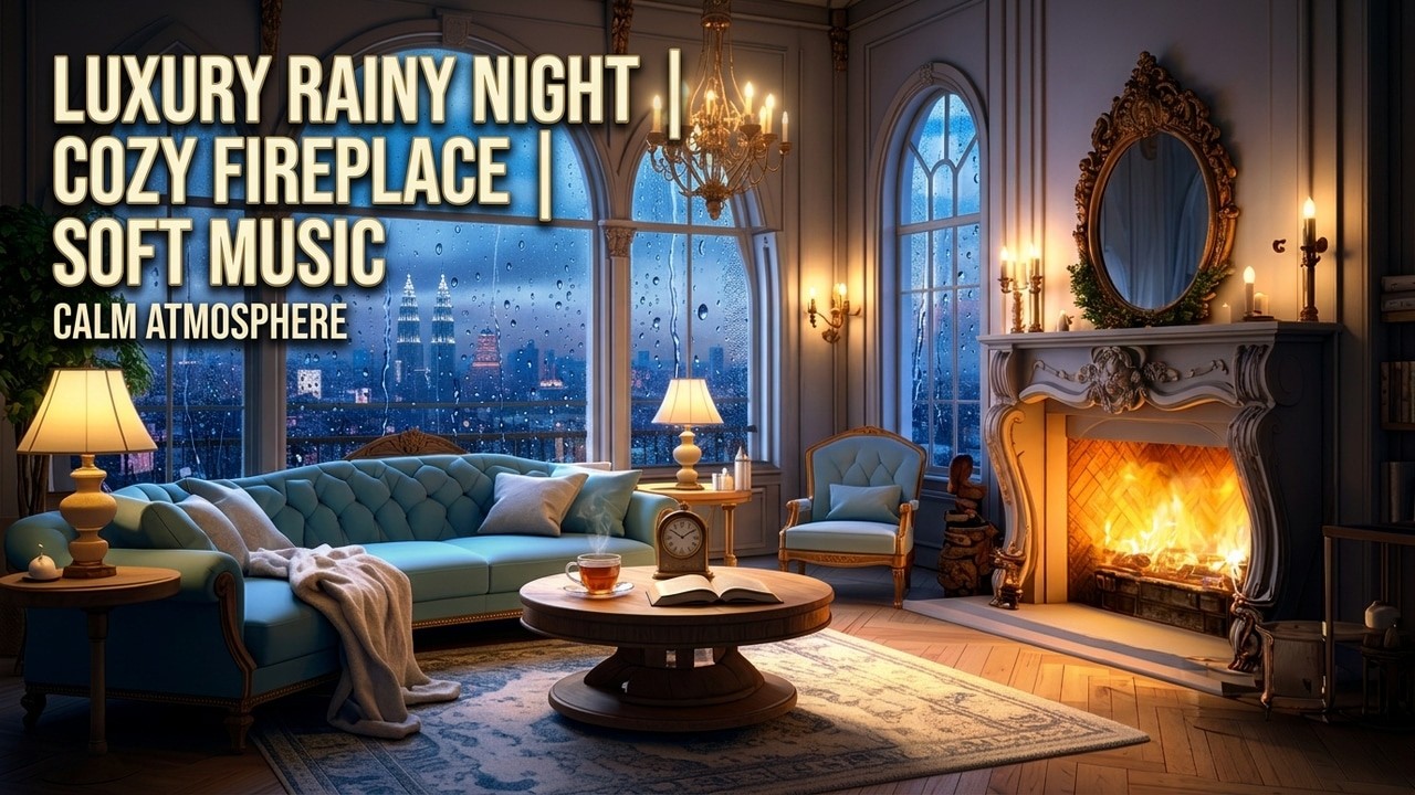 Luxury Rainy Evening Ambience | Fireplace Warmth, Window Raindrops & Soft Music
