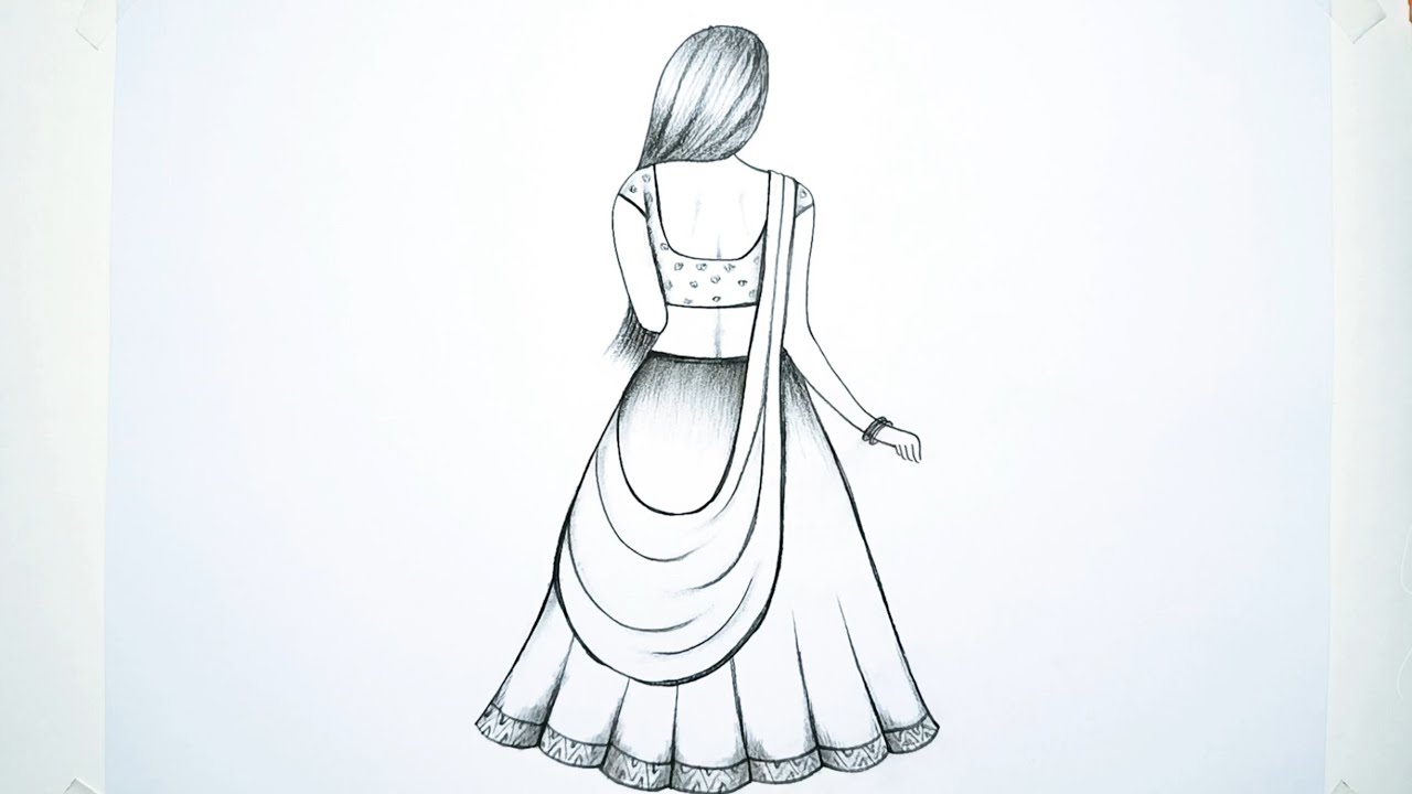 How to draw a girl with a beautiful dress | Girls backside drawing easy |