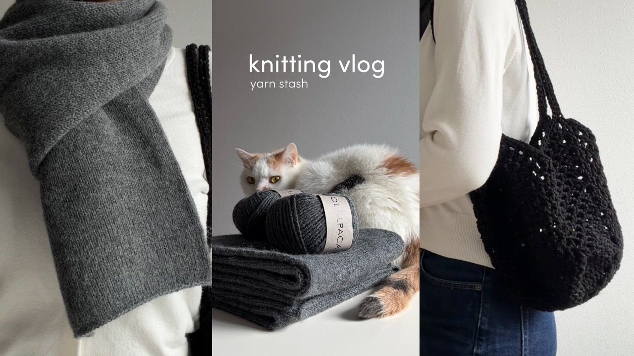 【Knitting Vlog】毛糸紹介🧶｜マフラーとバッグを編みました｜購入毛糸｜Yarn Stash