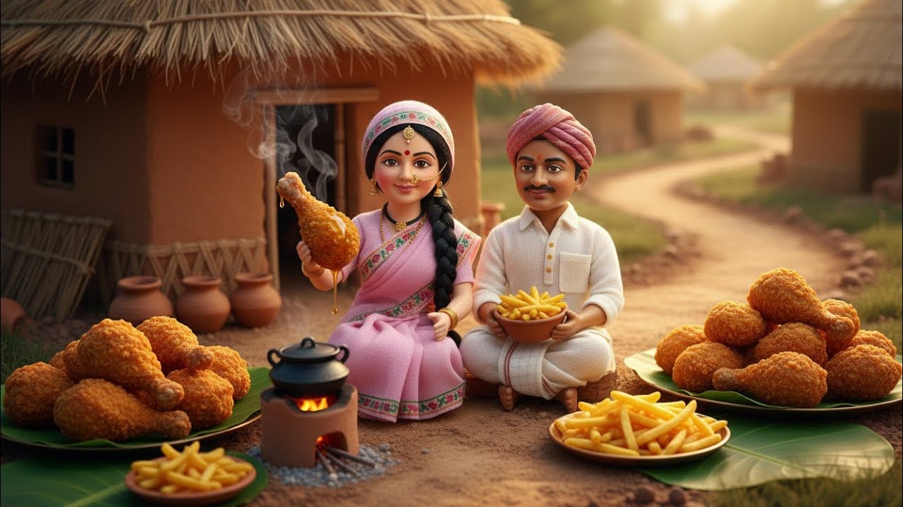 Miniature Doll Makes KFC Style Fried Chicken & Fries ASMR | Tiny Indian Village Chulha Cooking 2025