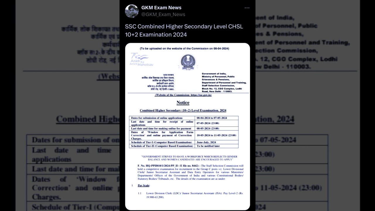 SSC Combined Higher Secondary Level CHSL 10+2 Examination 2024