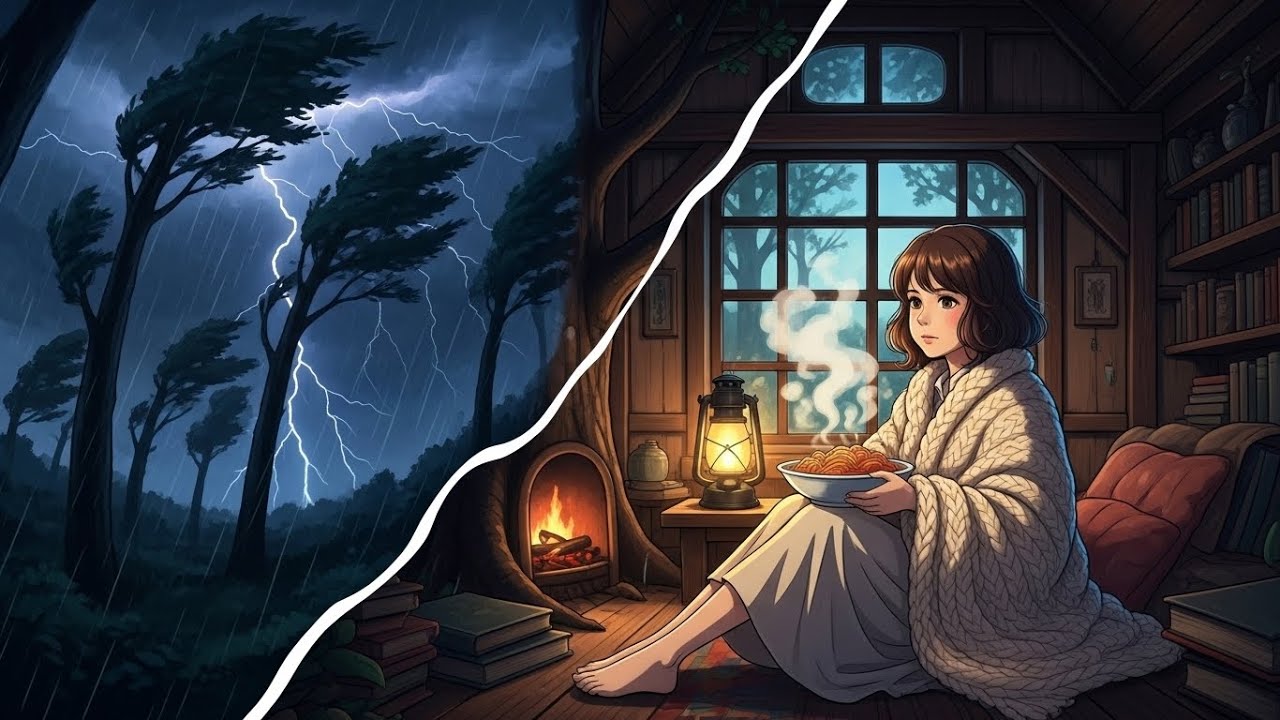 Safe Inside a Cozy Treehouse While the Thunderstorm Rages ⛈️ | Ghibli ASMR