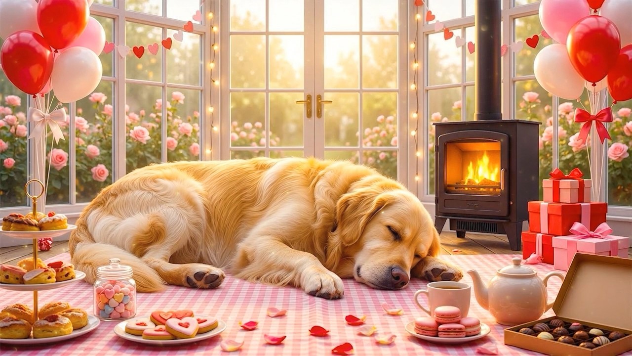 Dog Calming Music for Sleep 🐶🔥 Cozy Valentine Fireplace 🎹 Separation Anxiety Relief & Peaceful Sleep