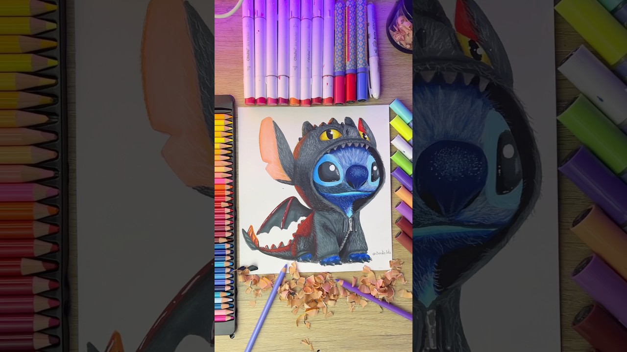 Dibujando a STITCH 🩵 con Pijama de CHIMUELO 🖤 #dibujos #drawing #art