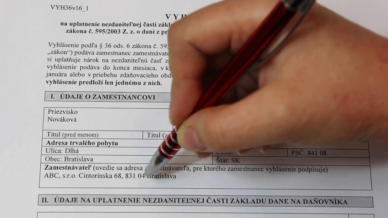 Vyhlásenie na uplatnenie nezdaniteľnej časti základu dane na daňovníka (SK)