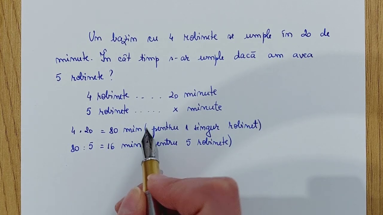 Un bazin cu 4 robinete se umple în 20 de minute. În cât timp s-ar umple dacă am avea 5 robinete?