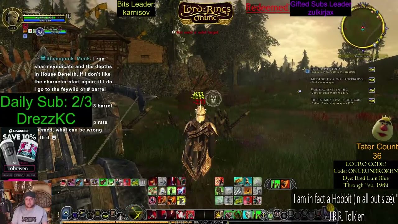 Poteen OBowen playing LOTRO, CAPTAIN (red line) to lvl 100. Ask about any class you're curious about