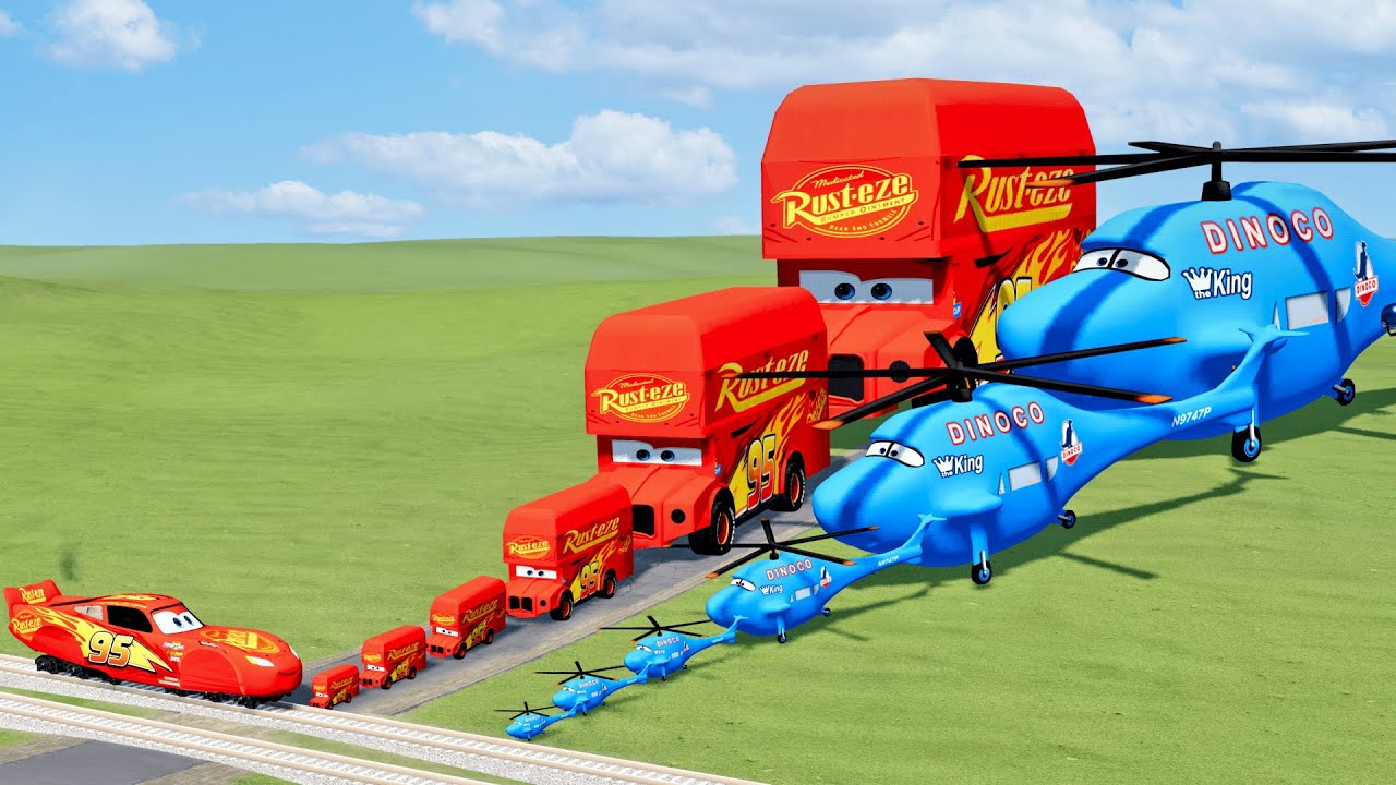 Dinoco Helicopter And Lightning Mcqueen England Bus vs Thomas Train | BeamNG.Drive