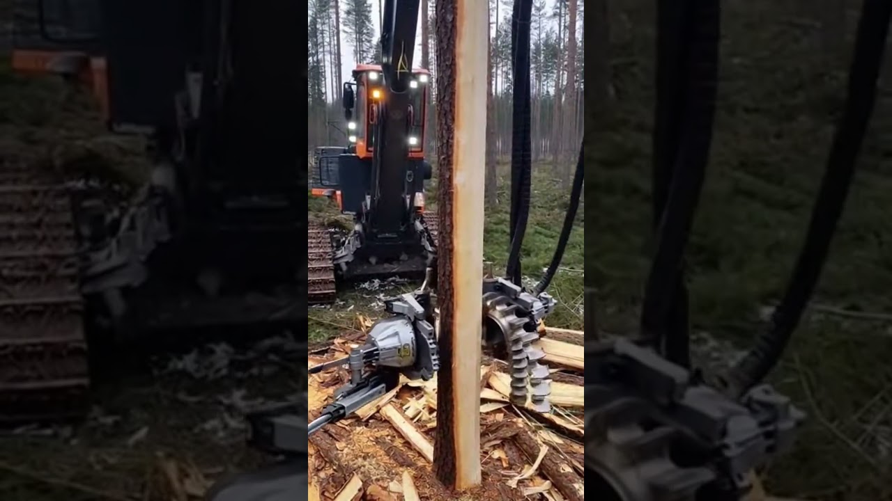 An advanced robotic machine lifts a massive trunk straight up