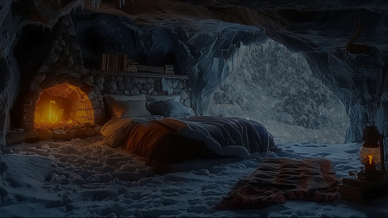 Cave with Falling Snow & Fireplace Burning | Crackling Fire Sounds, Howling Wind for a Good Sleep