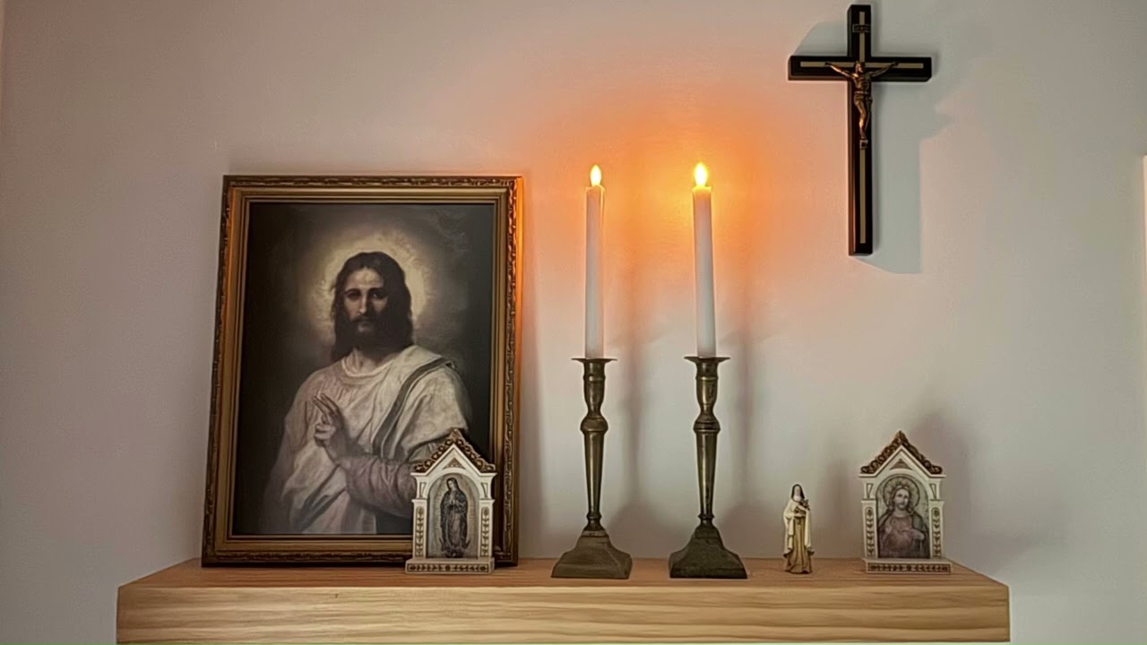 Catholic Prayer Altar with Jesus- 1 hour with ambient fire and rain