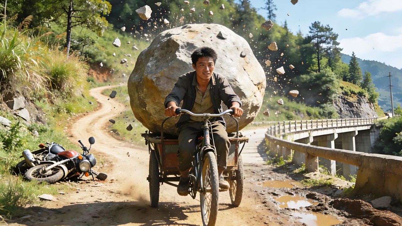 A kind-hearted person saw the fallen rock on the road and took great pains to move it away.