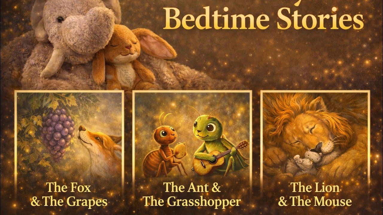 3 Cozy Bedtime Stories 🌙  The Fox & The Grapes– The Ant & The Grasshopper– The Lion & The Mouse