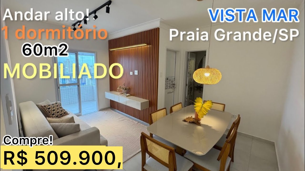1 dormitório VISTA MAR Mobiliado Andar alto! Lazer de clube e arquitetura de Luxo em Praia Grande SP