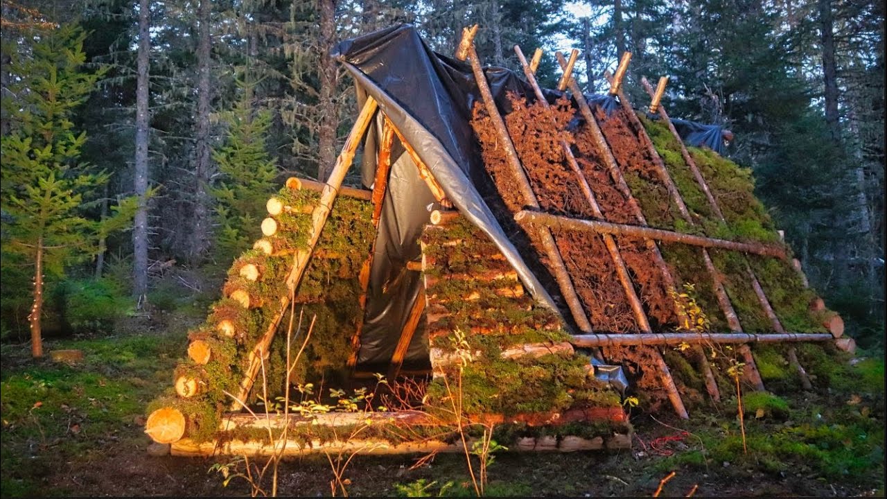 Wilderness Shelter Build Continues - Making a Door Way and Improving the Side Walls.