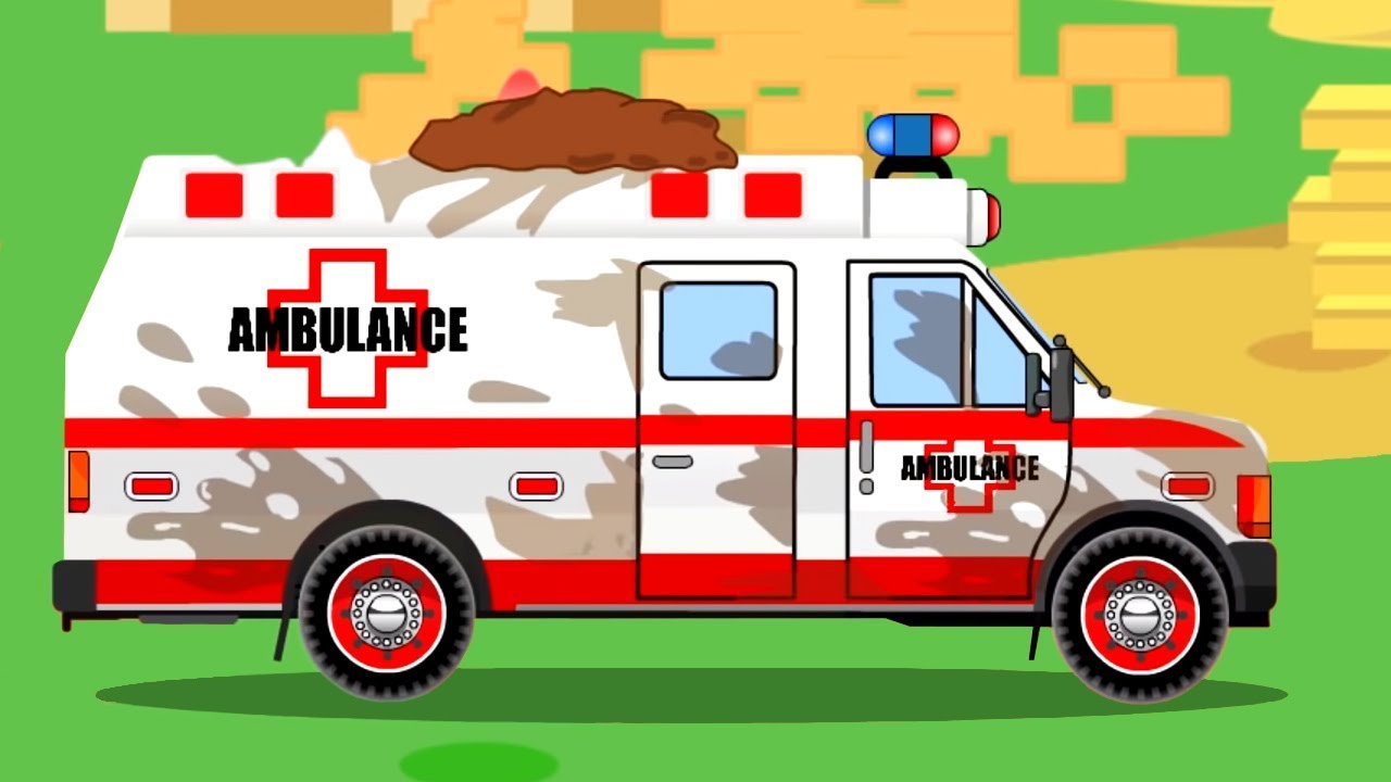 White Ambulance Car Rescue in the City w Tow Truck - Animation Cars & Trucks Cartoon for children