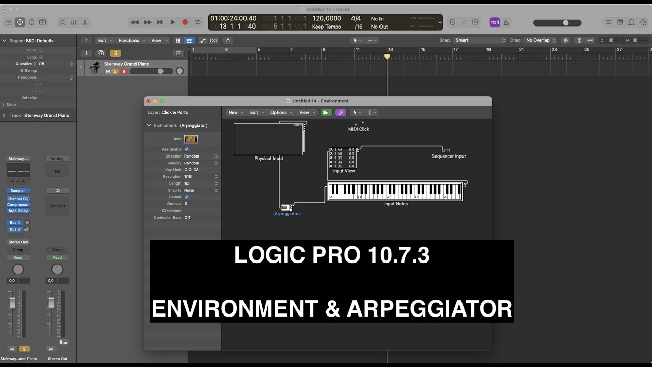 Logic Pro 10.7 — включение просмотра окружения и игры с объектом арпеджиатора
