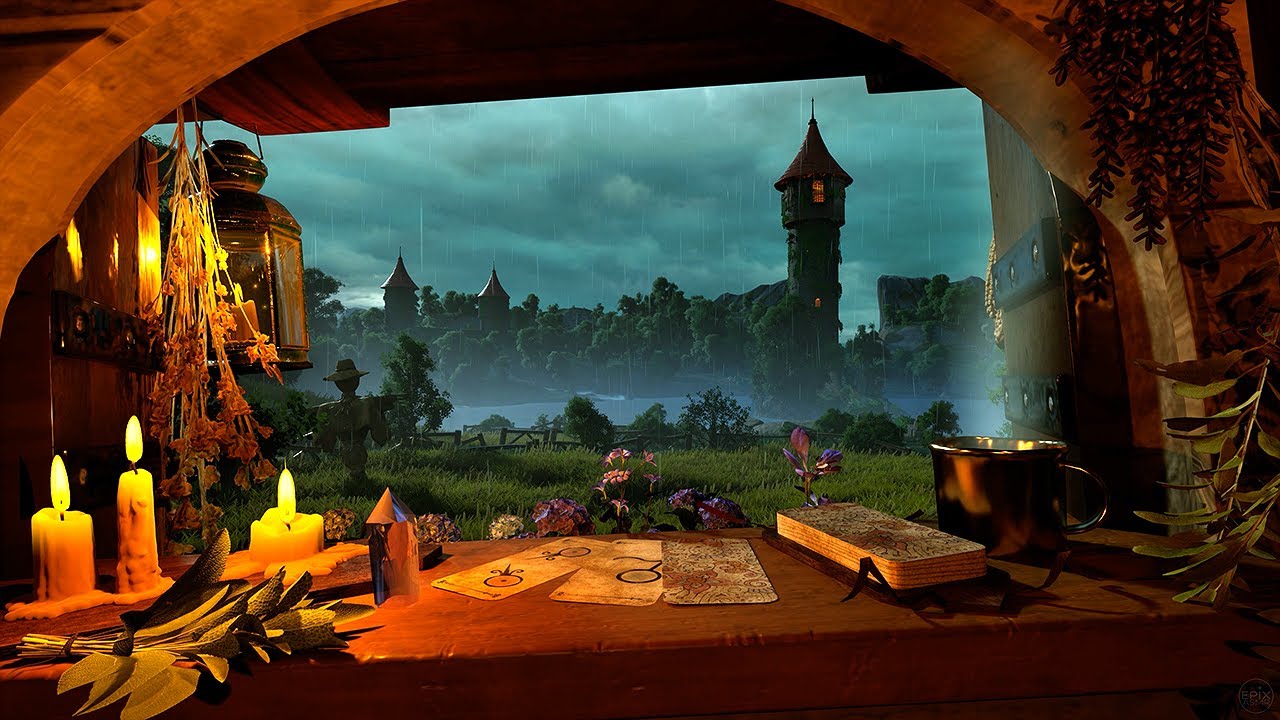 Cozy Fantasy Caravan Ambience Rain & Thunder Sounds for Relaxation & Sleep View of the Wizard Tower