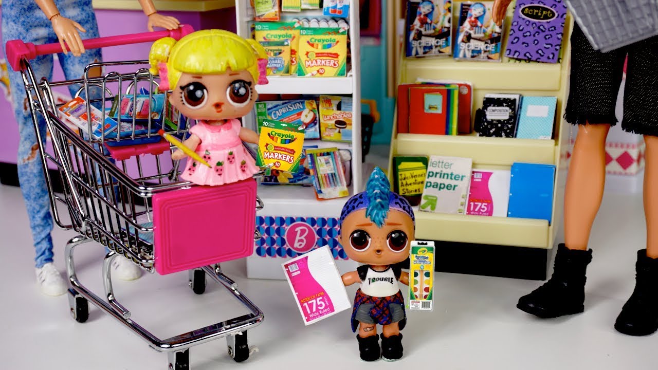 Barbie Family LOL Goldie & Punk Boi School Supply Shopping - Supermarket Toy
