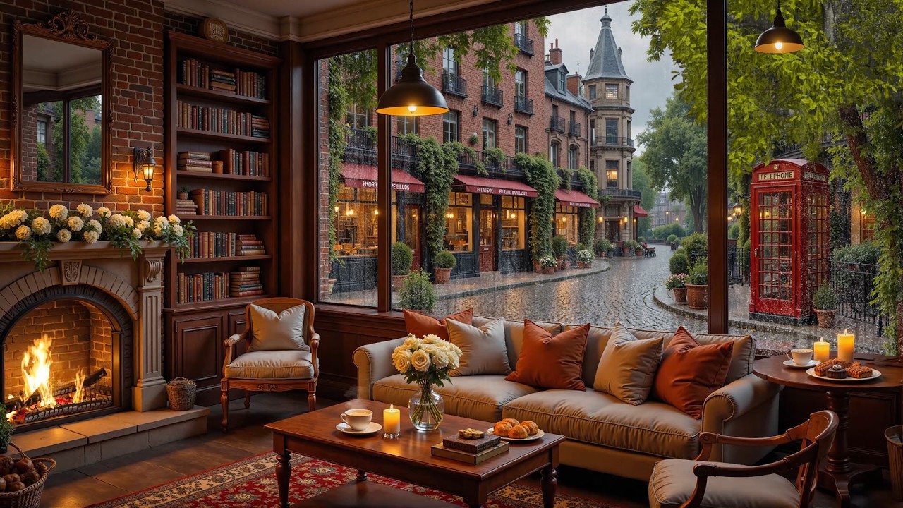 Smooth Spring Rain Coffee Shop ☕ Cozy Jazz Piano with Rain & Fireplace Sounds for Study & Focus